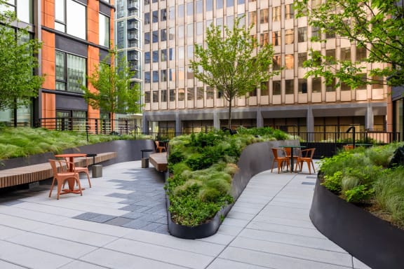 an outdoor seating area with benches and plants in front of a building at The Grace and Reva, Virginia, 22202