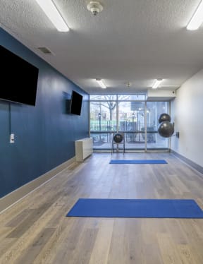 a yoga studio with yoga mats and a tv on the wall