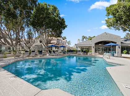 A large swimming pool surrounded by trees and a building in the background.