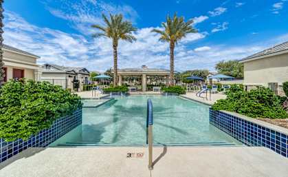 A swimming pool surrounded by palm trees and residential buildings.