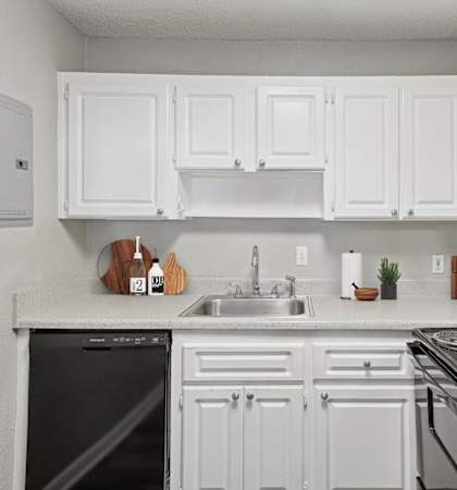 A white kitchen with black appliances and a black dishwasher.