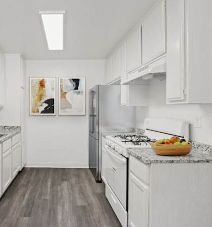 a white kitchen with marble counter tops and stainless steel appliances