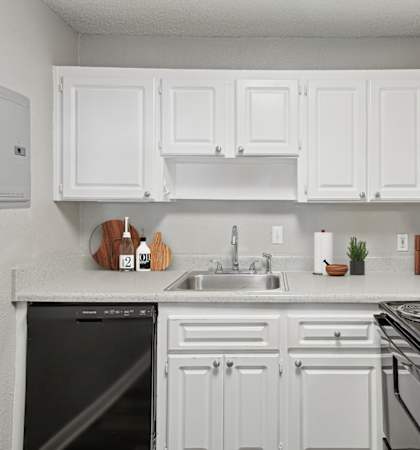Sandy Springs, GA Apartments – Celebration at Sandy Springs – A white kitchen with a black dishwasher and stove.