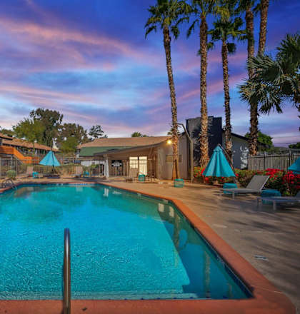 a swimming pool with palm trees in the background