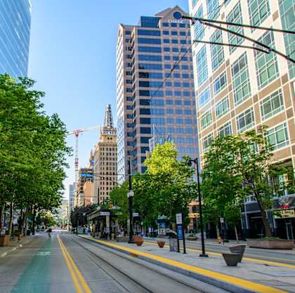 a city street with trees and buildings on either side