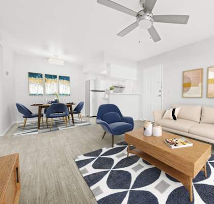 open-concept living room and kitchen at Connect on Union apartments in Phoenix, AZ.