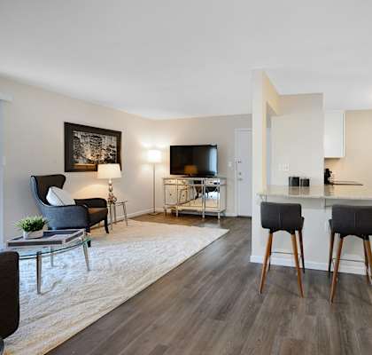 a kitchen and living room with hardwood floors and a flat screen tv
