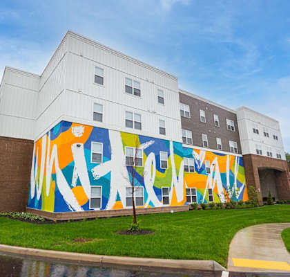 A large mural on the side of a building.