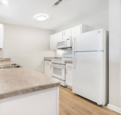 a kitchen with a sink and a refrigerator