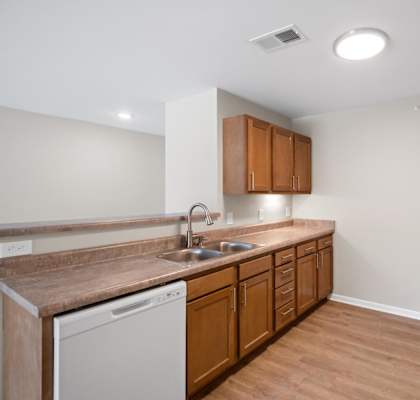 a kitchen with wooden cabinets and a sink and a refrigerator