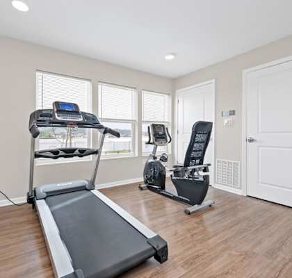 a home gym with a treadmill and exercise balls