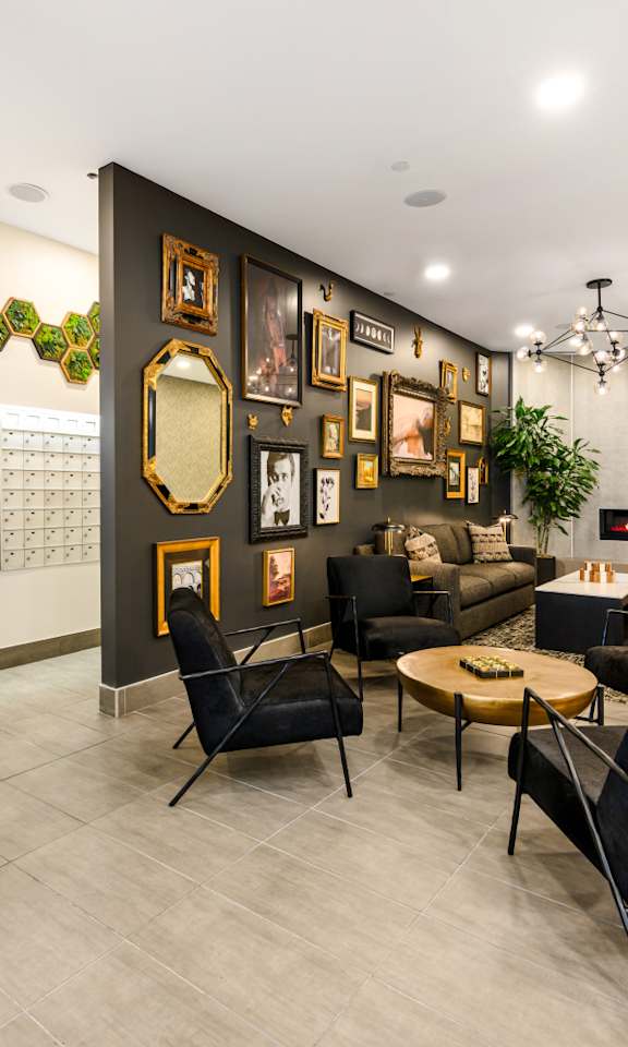 A living room with a sign that says 2555 North Clark.