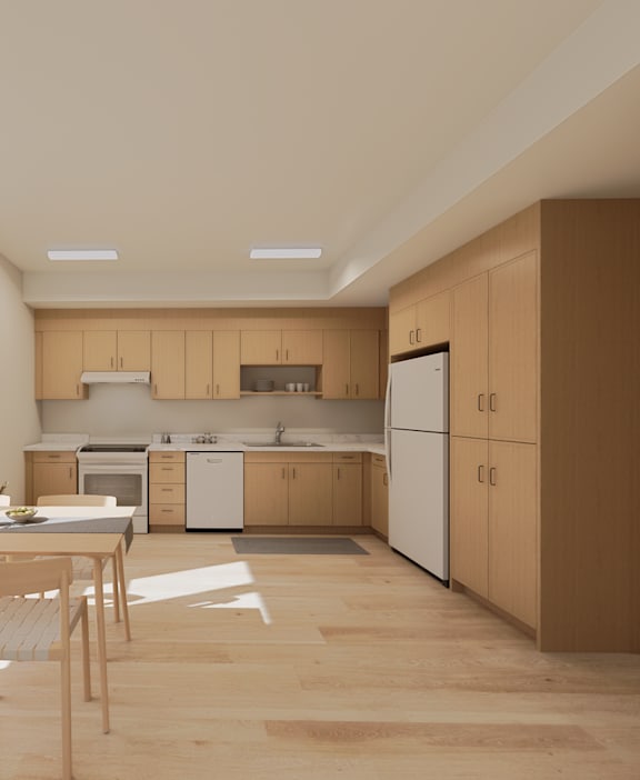 A kitchen with wooden floors and furniture.