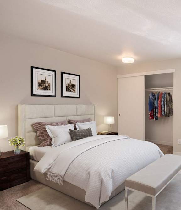 an empty room with a ceiling fan and three windows