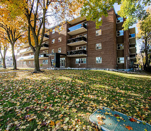a grassy area with trees and a metal grate in front of a brick building