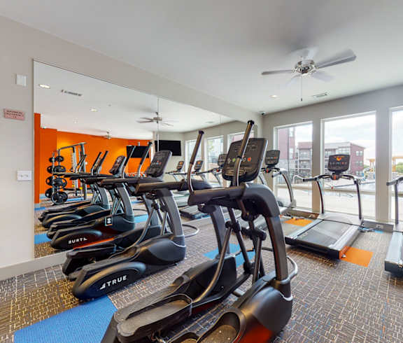 A gym with treadmills and exercise bikes.