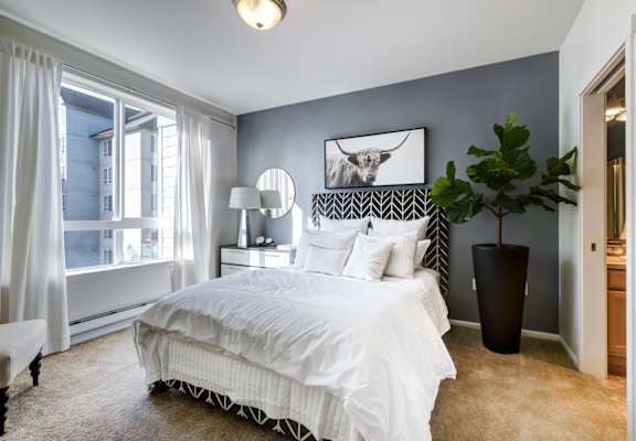 a bedroom with a large bed and a large window