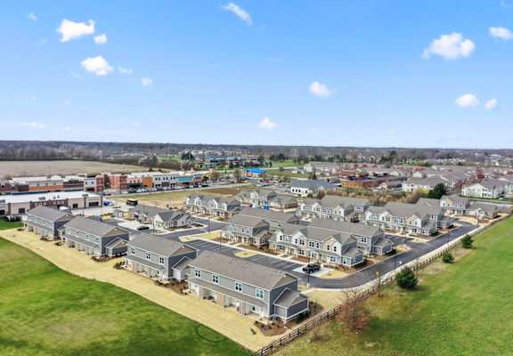 an aerial view of a neighborhood of houses