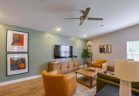 A living room with a television, orange armchair, and a green couch.