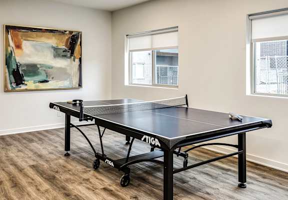 VUE 19 (Clubhouse) - Ping pong table with the word TIGA on it is in the middle of a room.