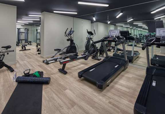 A gym with a variety of equipment including treadmills, stationary bikes, and weight machines.