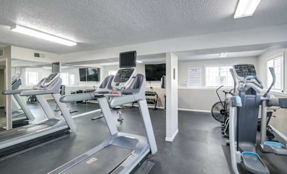 A gym with treadmills and exercise bikes.