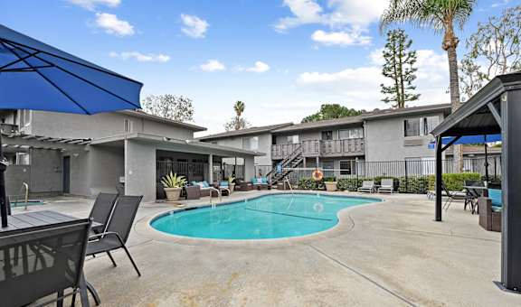 A pool area with a blue umbrella and chairs.