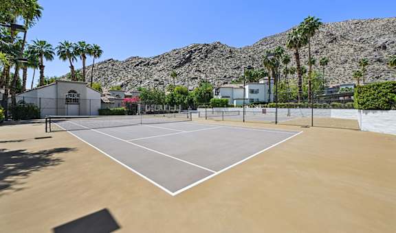 A tennis court surrounded by palm trees and houses.