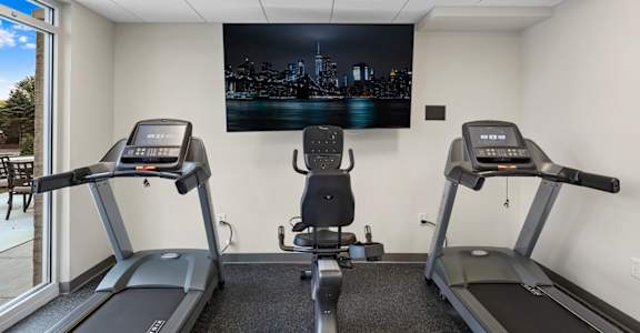 two treadmills and a tv in a gym room