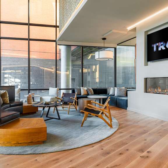 A modern living room with a fireplace and a sign that says "TROVE".