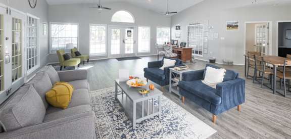 A living room with a grey couch and a blue couch.