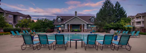 Pool and Sundeck During Twilight at Heritage at Stone Mountain, Northglenn, CO 80233