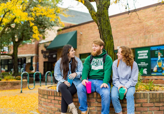 three students sitting on a wall under a tree