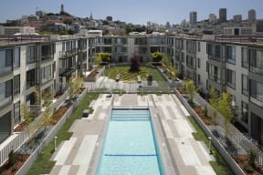 Inner courtyard with a swimming pool open to residents.