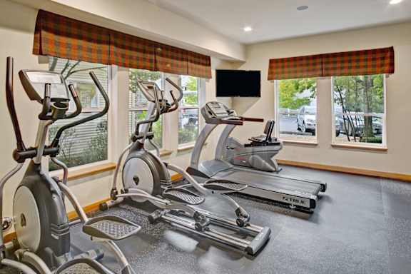 A gym with a row of treadmills and elliptical machines.
