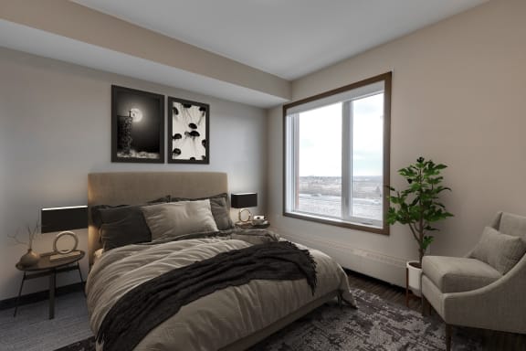 a bedroom with a bed and a chair and a window