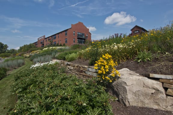 a garden with yellow and white flowers and a brick building in the background  at Hayden Lofts Apartments, Ohio, 43016