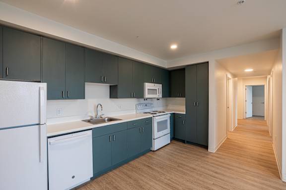 a kitchen with blue cabinets and white appliances and a wooden floor
