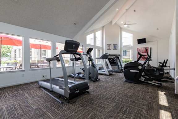 A well-equipped fitness center at Skyler Ridge Complex, featuring cardio machines, free weights, and strength-training equipment.