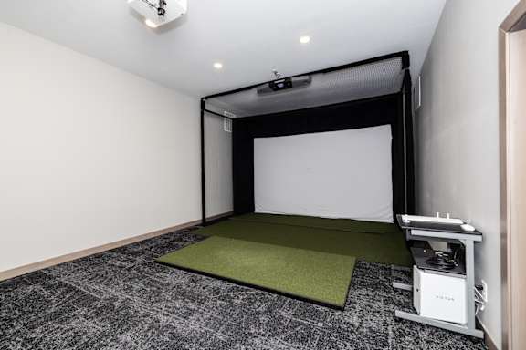 A room with a projector and a green carpet.