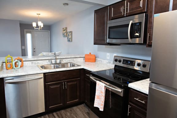 Renovated kitchen with dark cabinetry and stainless steel appliances.