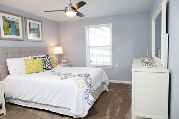 Bedroom with queen size bed, dresser and night stand.