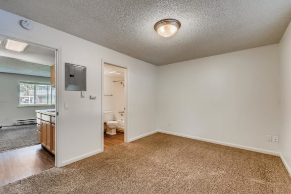 The Bedroom and Bathroom in a One Bedroom Apartment at Morningtree Park Apartments