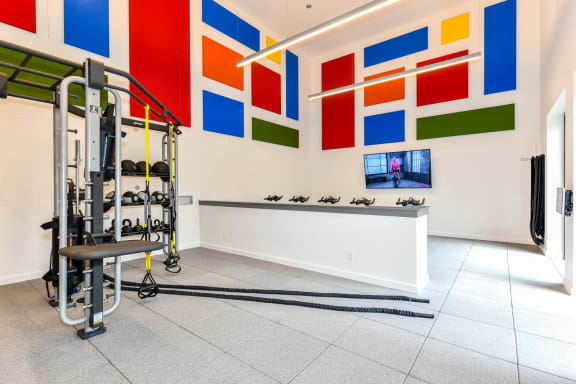 Fitness studio free weight training area at 15Seventy, Chesterfield, MO 63017