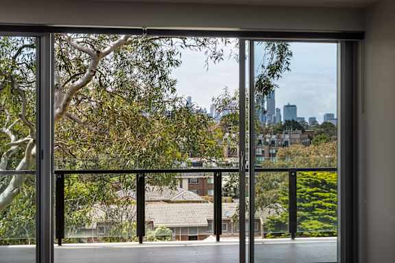 the view of the city from the living room window