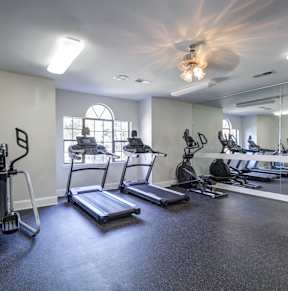 A gym with treadmills, elliptical machines, and a fan at Southland Station Apartments, Warner Robins, 31088