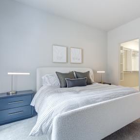 a bedroom with a bed and a closet