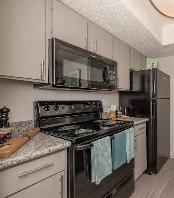 Fusion 35 Apartments kitchen with a black stove, microwave, and fridge.