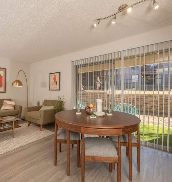 Staged living room at Fusion 35 Apartments.