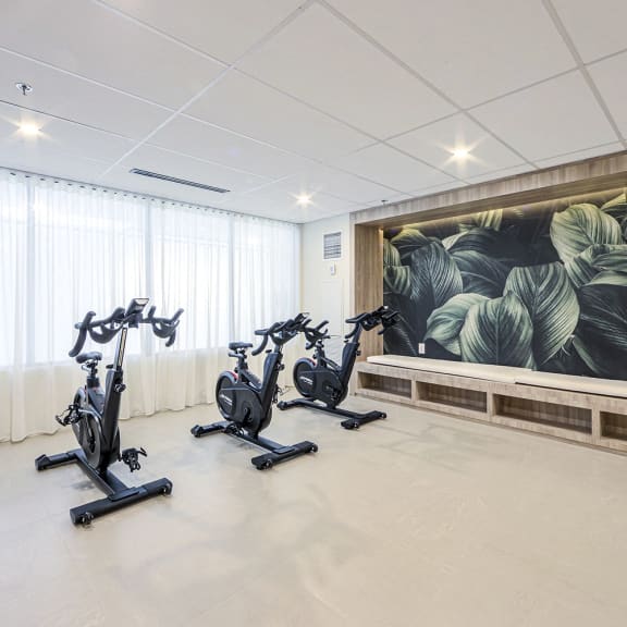 a gym with three exercise bikes in front of a wall mural